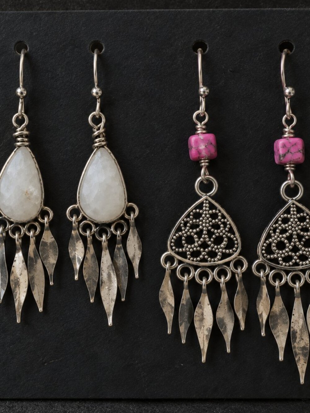 2-Pair Boho Silver Dangle Earrings Bundle | Pink & White | Handmade